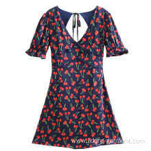 V-neck Bubble Sleeve Cherry Printed Backless dress